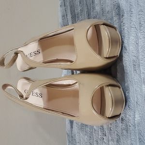 Guess ladies tan 9 1/2M open toe ankle strap 5" heels